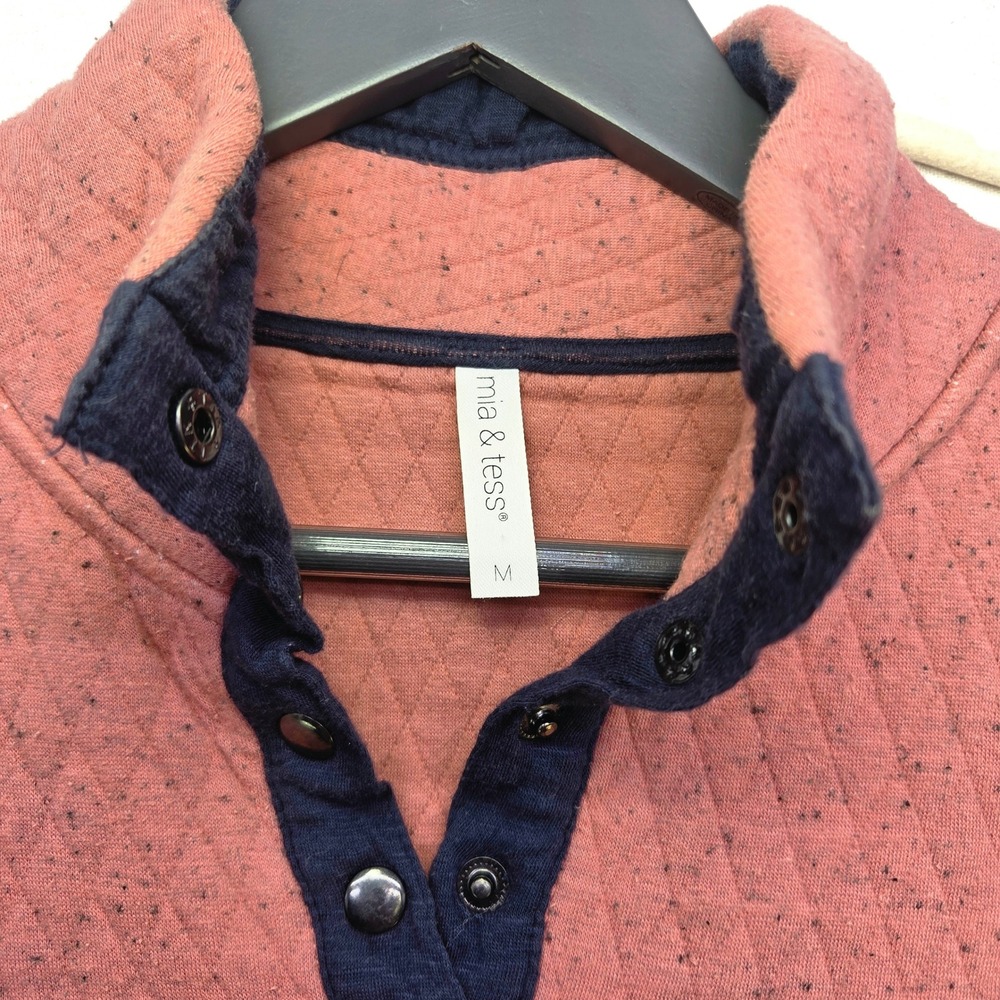 Mia & Tess Quilted Pullover Sweatshirt Coral Pink Navy Trim Mock Neck Size M